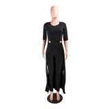 Half Sleeve Black Cut Out Cross Long Top & Pants Set