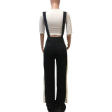Black Side Stripes Suspender Pants & White Crop Top