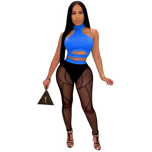 Blue Sleeveless Cut Out Crop Top and Mesh Leggings