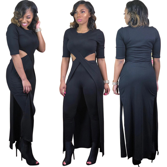 Half Sleeve Black Cut Out Cross Long Top & Pants Set