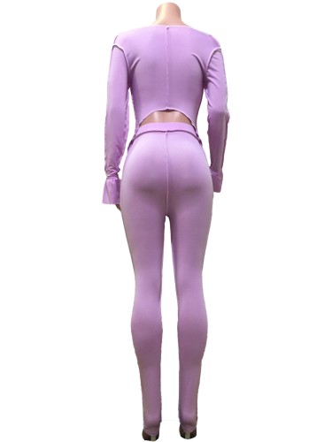 Purple O-Neck Crop Top and High Waist Pants Set
