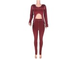 Wine Red O-Neck Crop Top and High Waist Pants Set