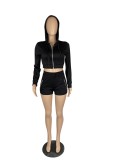 Black Hoody Zipper Crop Top & Drawstring Shorts