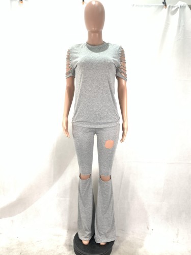 Gray Ripped Flare Bottom Two Piece Pants Set