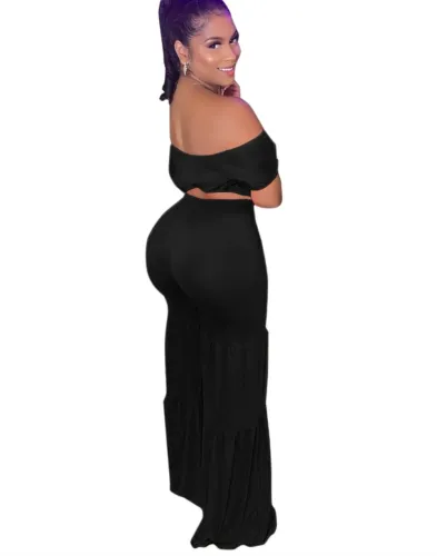 Black Off Shoulder Crop Top and Bell Bottom Pants