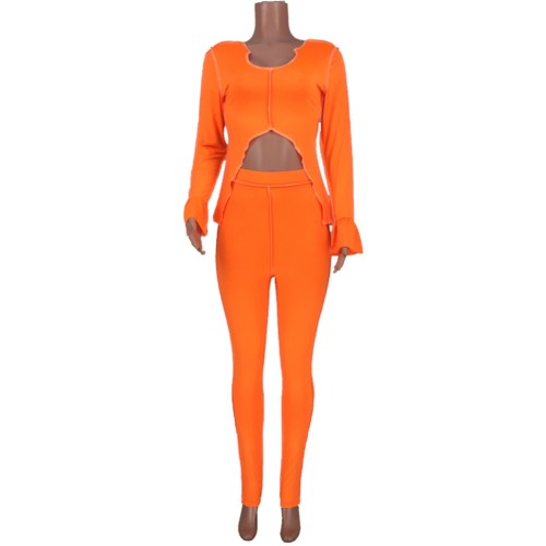 Orange O-Neck Crop Top and High Waist Pants Set
