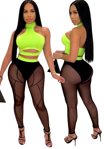 Green Halter Cut Out Crop Top and Mesh Leggings