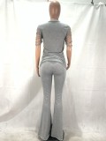Gray Ripped Flare Bottom Two Piece Pants Set