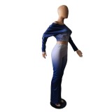 Blue Ombre Skew Shoulder Crop Top & Bell Bottom Pants