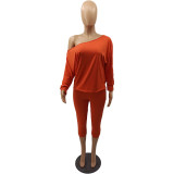 Plus Size Orange Skew Neck Two Piece Pants Set