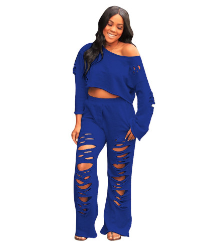 Blue Ripped Holes Wide Leg Two Piece Set