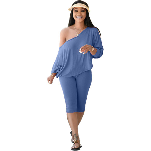 Plus Size Blue Skew Neck Two Piece Pants Set