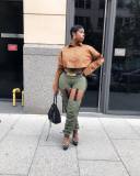 Army Green Sexy Buckle Stack Pants