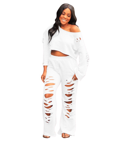 White Ripped Holes Wide Leg Two Piece Set