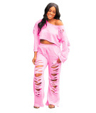 Pink Ripped Holes Wide Leg Two Piece Set