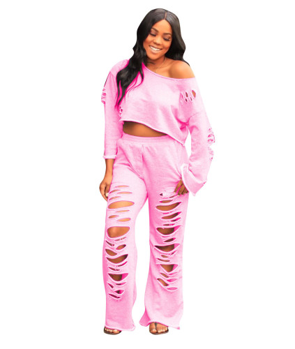 Pink Ripped Holes Wide Leg Two Piece Set