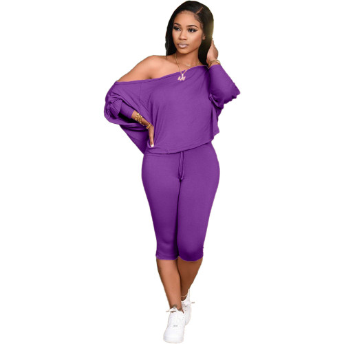 Plus Size Purple Skew Neck Two Piece Pants Set