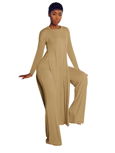Khaki Long Slit Top and Pants Set