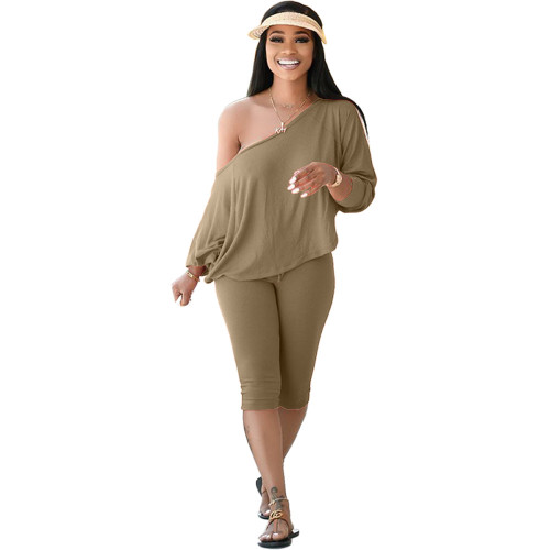 Plus Size Brown Skew Neck Two Piece Pants Set