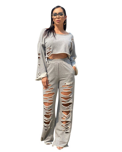 Gray Ripped Holes Wide Leg Two Piece Set