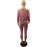 Plus Size Pink Skew Neck Two Piece Pants Set