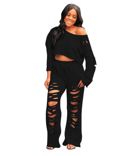 Black Ripped Holes Wide Leg Two Piece Set