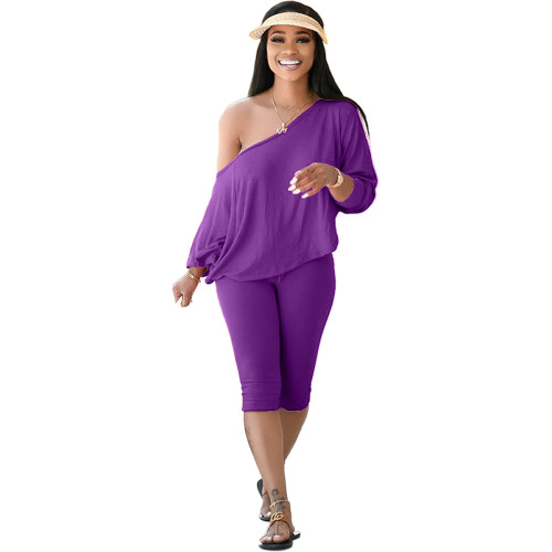 Plus Size Purple Skew Neck Two Piece Pants Set