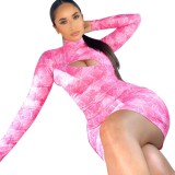 Mock Neck Print Pink Sexy Open Chest Bodycon Dress