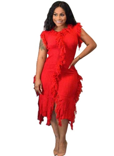 Red Tassel Sleeveless Knitted Sweater Dress