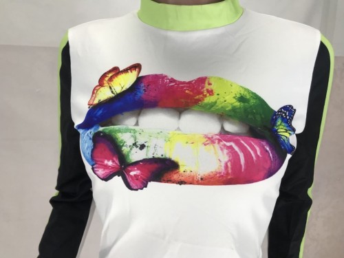 Lips and Butterfly Print Long Sleeve Splicing T Shirt