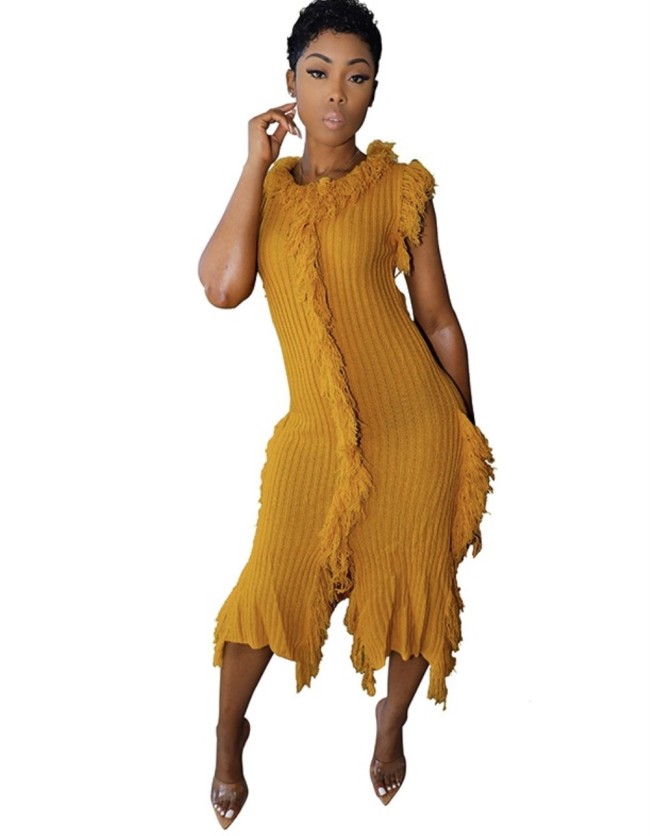 Yellow Tassel Sleeveless Knitted Sweater Dress