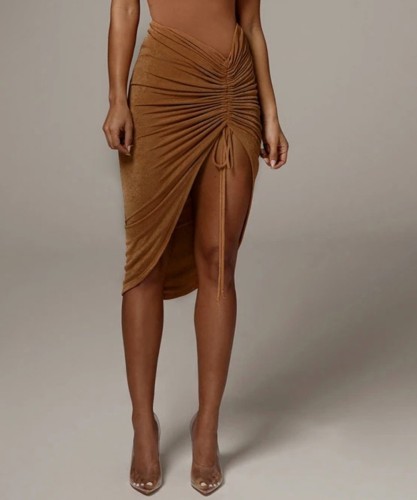 Brown Irregular Drawstring Ruched Midi Skirt
