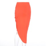 Orange Irregular Drawstring Ruched Midi Skirt