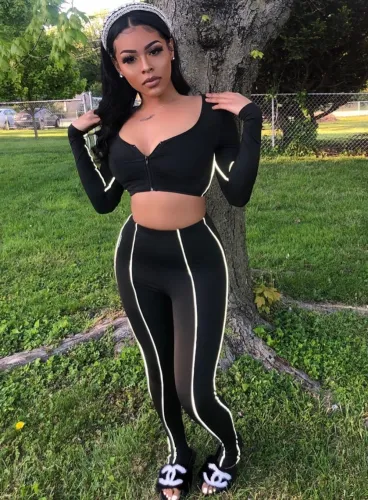 Black Long Sleeve Crop Top Two Piece Pants Set