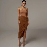 Brown Irregular Drawstring Ruched Midi Skirt