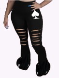 Black Poker Print Ripped Flare Pants