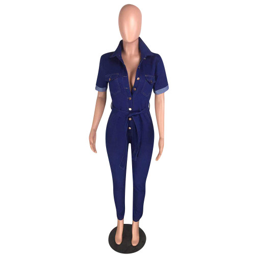 Blue Denim Button Up Short Sleeve Jumpsuit