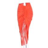 Orange Irregular Drawstring Ruched Midi Skirt