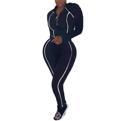 Black Long Sleeve Sporty Two Piece Pants Set