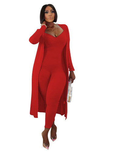 Red Bodycon Cami Jumpsuit and Cardigan