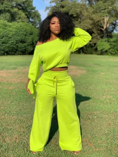 Neon Green Two Piece Wide Leg Pants Set