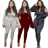 Black Ruched Sleeve Fitted Jumpsuit