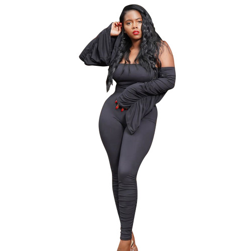 Black Ruched Sleeve Fitted Jumpsuit