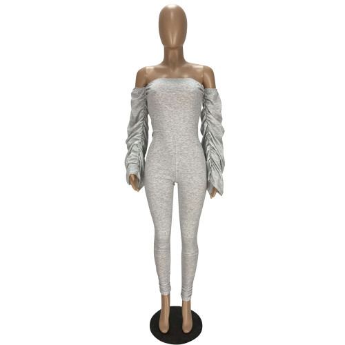 Gray Ruched Sleeve Fitted Jumpsuit