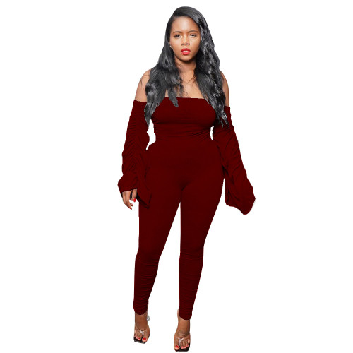Burgundy Ruched Sleeve Fitted Jumpsuit
