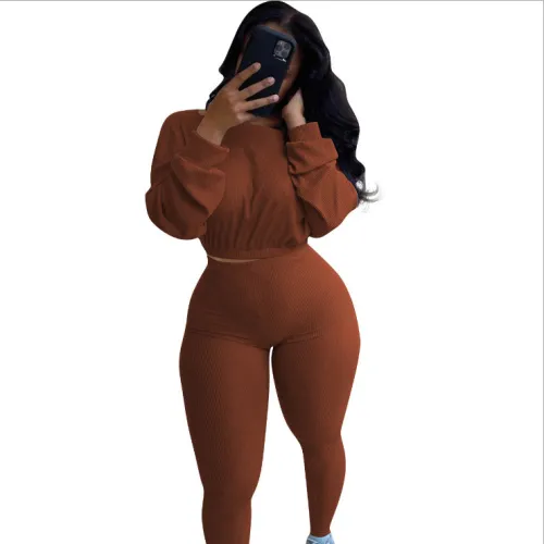 Ribbed Coffee Two Piece Pants Set