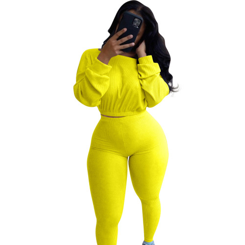 Ribbed Yellow Two Piece Pants Set