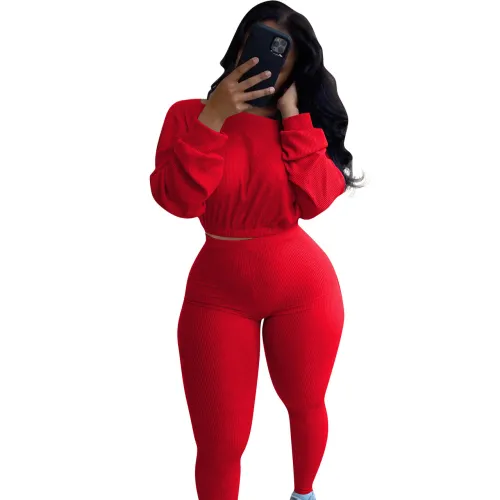Ribbed Red Two Piece Pants Set