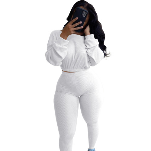 Ribbed White Two Piece Pants Set