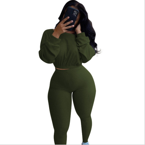 Ribbed Army Green Two Piece Pants Set